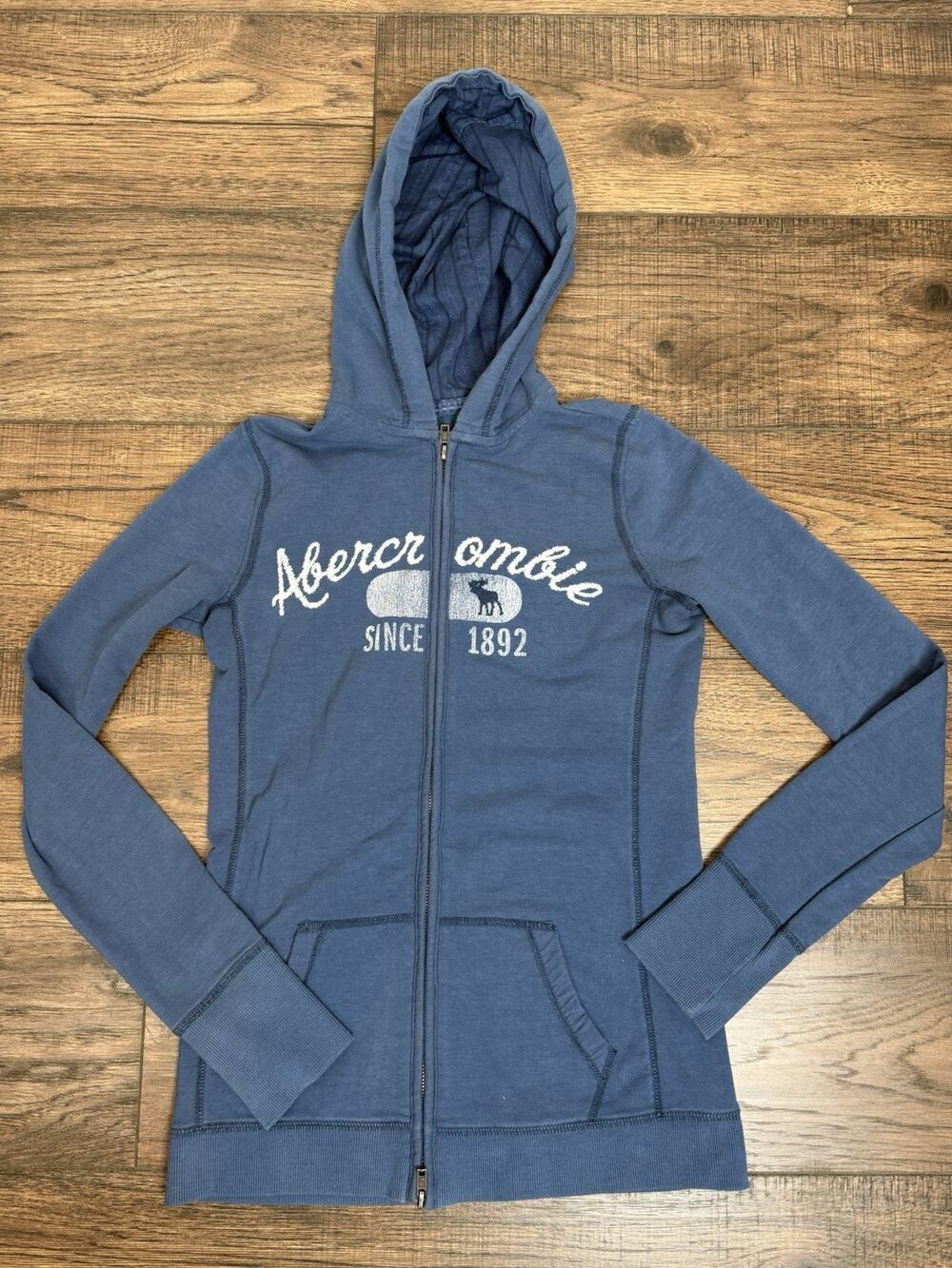 VTG Abercrombie & Fitch Women's XL Zip Up Hoodie Y2K Blue Stretch Preppy Logo